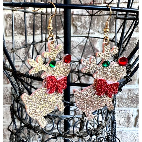 Rudolph Reindeer Earrings Handmade Christmas Whimsical Hooks Glitter Acc… - Picture 1 of 12